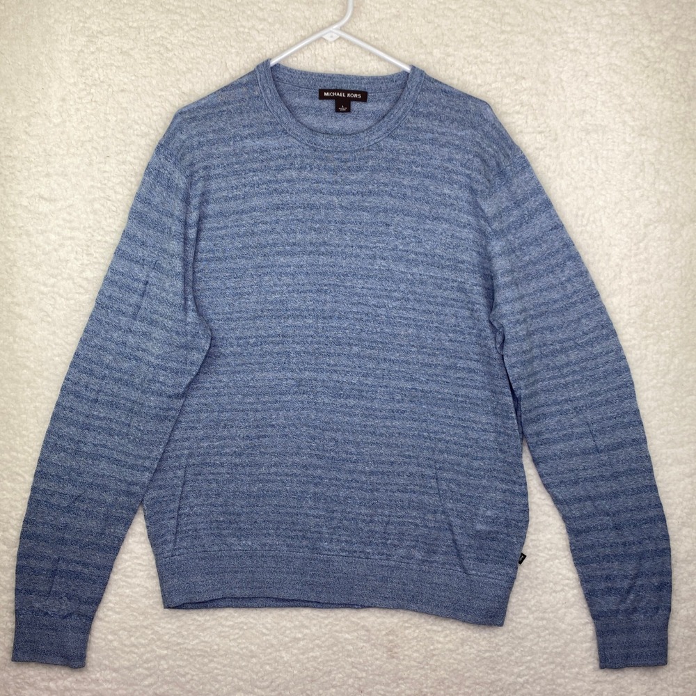 Michael Kors Mens Blue Marled Stripe Crewneck Sweater Size Large MK Logo